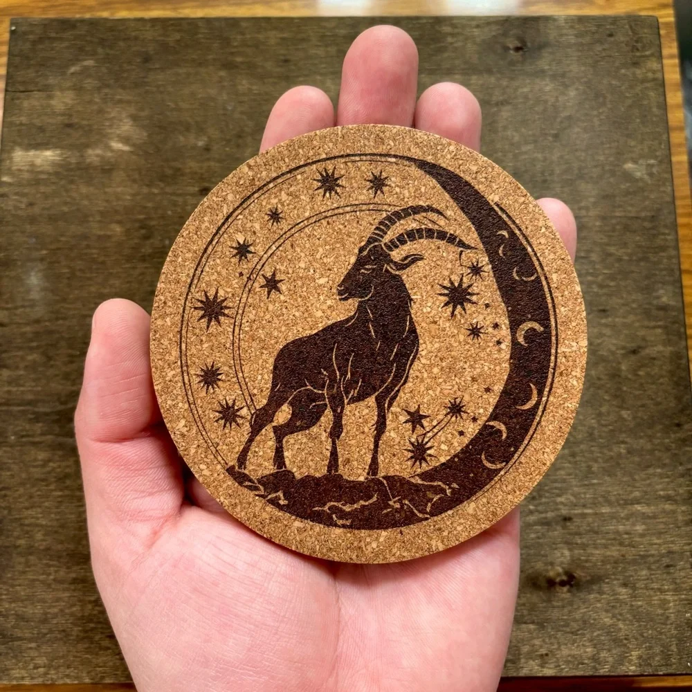 Capricorn Artistic Zodiac Design Laser Engraved Cork Coaster